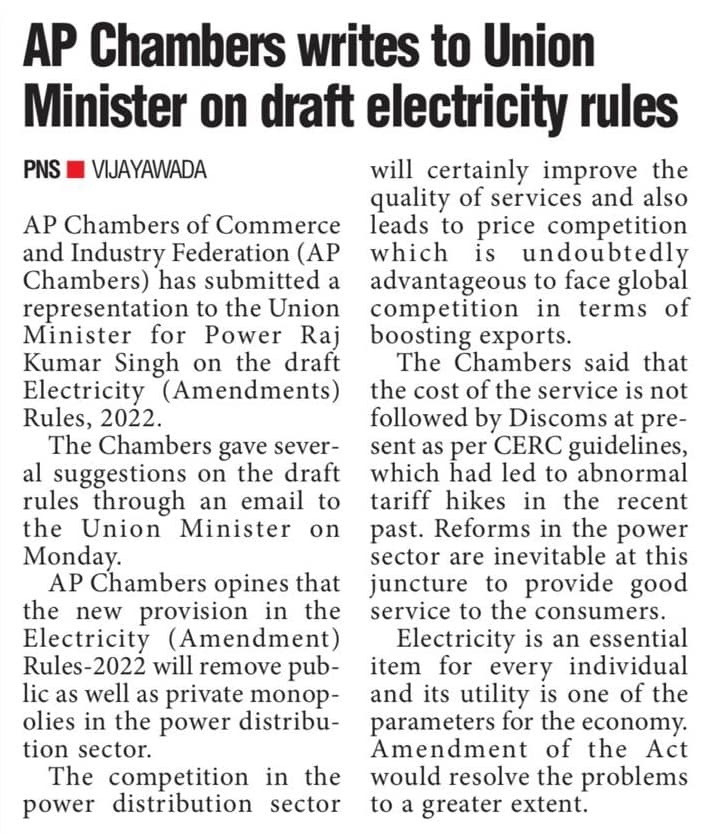 Ap Chambers writes to union government on draft electricity rules