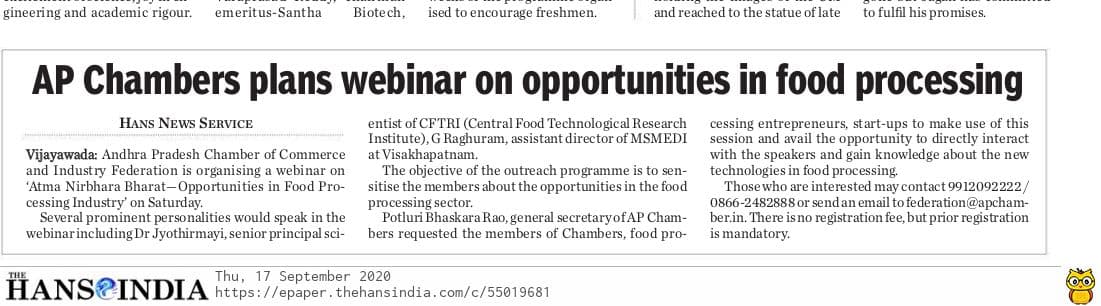 Ap Chambers plans a webinar on food processing