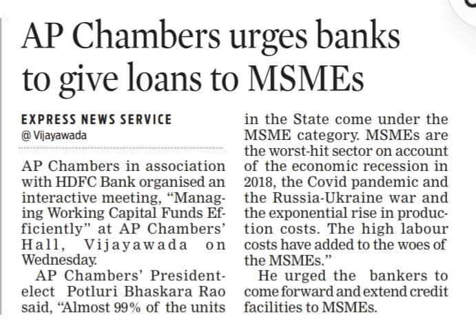 Ap Chambers urges banks to give loans to MSMEs