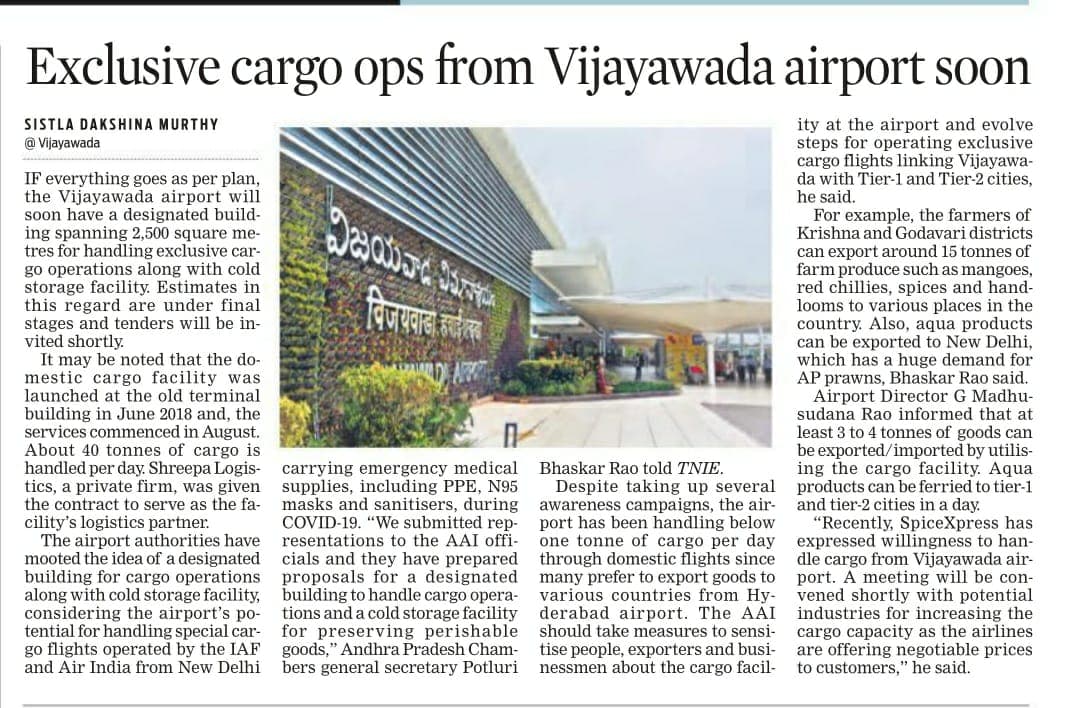 Exclusive cargo ops from vijayawada airport soon