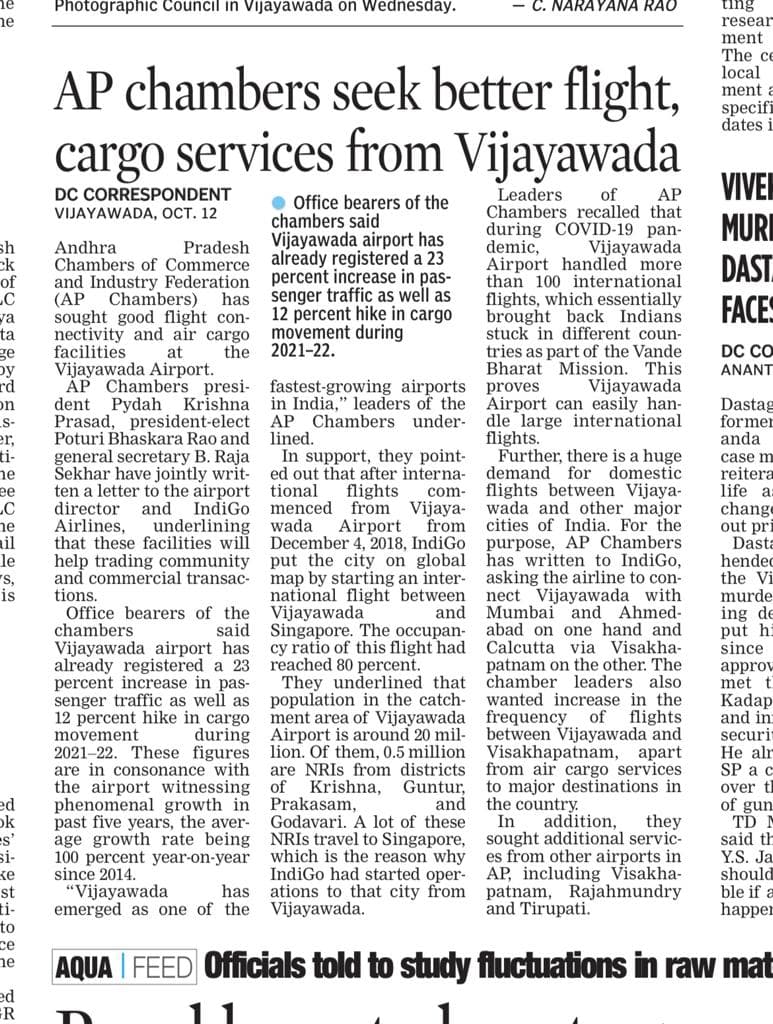 AP Chambers seeks better flight cargo services from Vijayawada