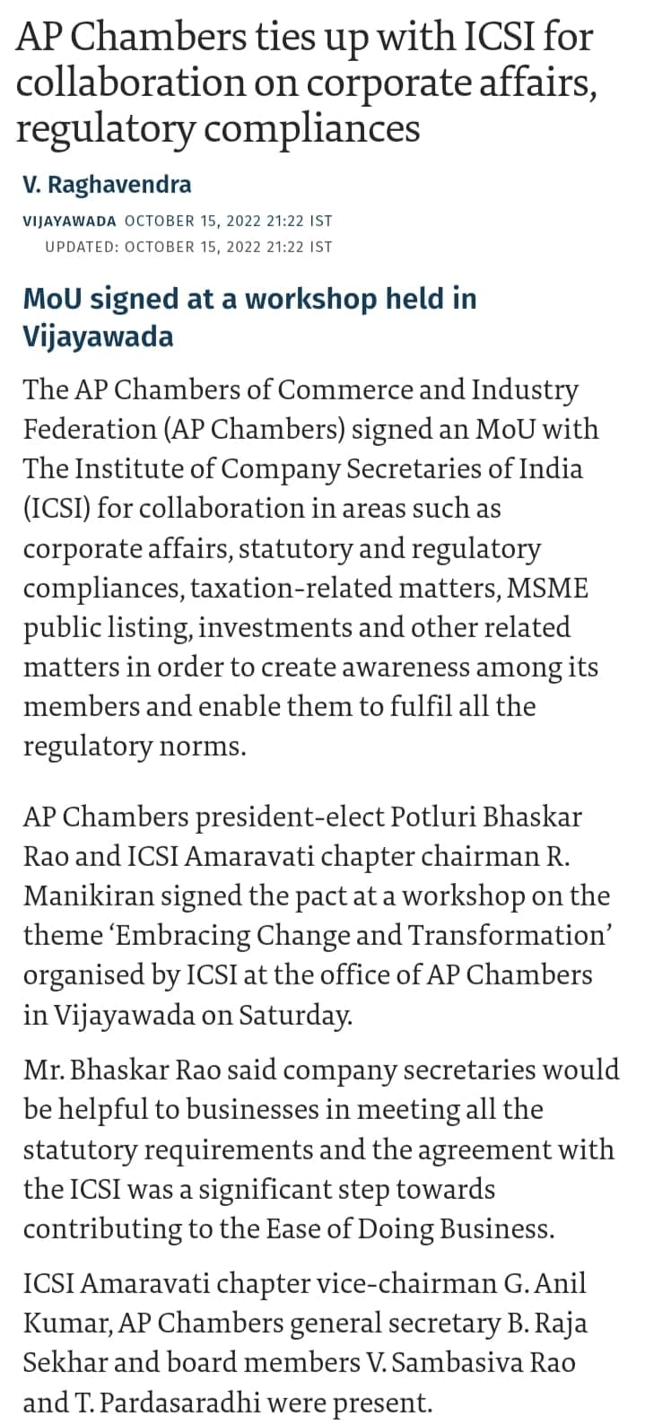 AP Chambers ties up with ICSI for collaboration on corporate affairs, regulatory compliances