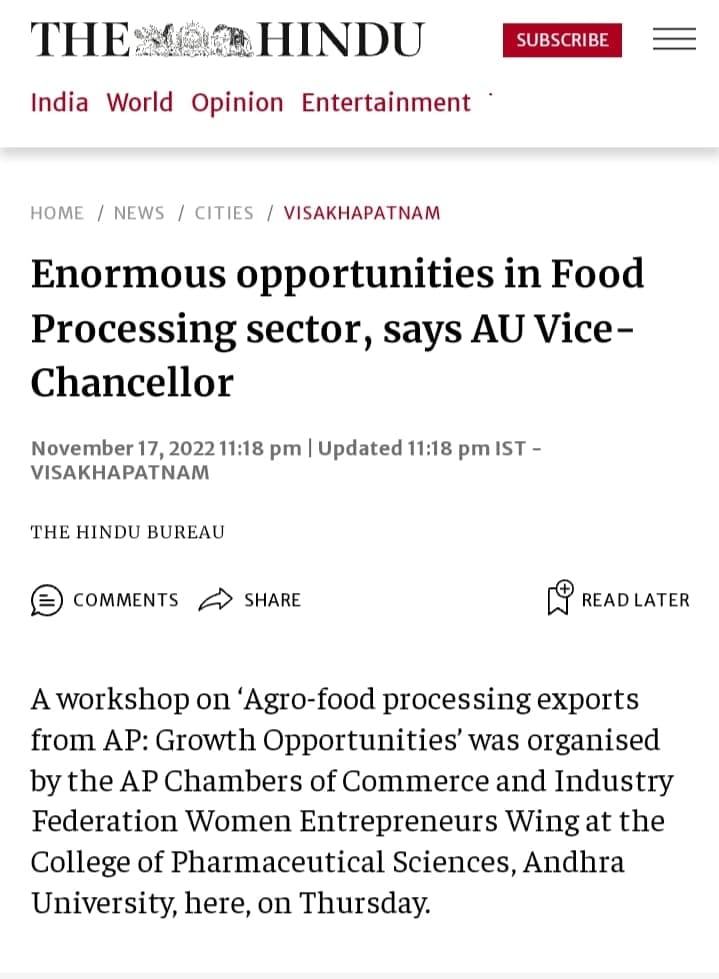 Enormous opportunities in Food Processing sector, says AU Vice-Chancellor
