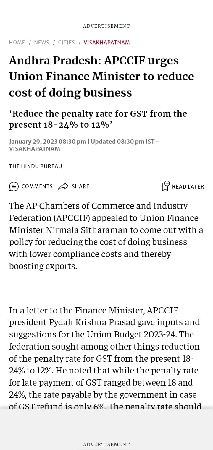 APCCIF urges Union Minister to reduce cost of doing business