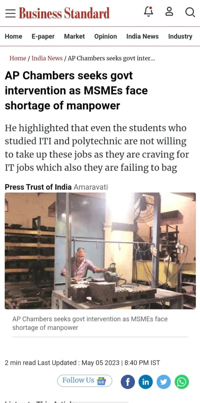 AP Chambers seeks govt intervention as MSMEs face acute shortage of manpower.