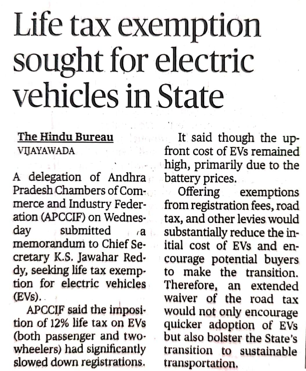 Life tax exemption sought for electric vehicles in the State.