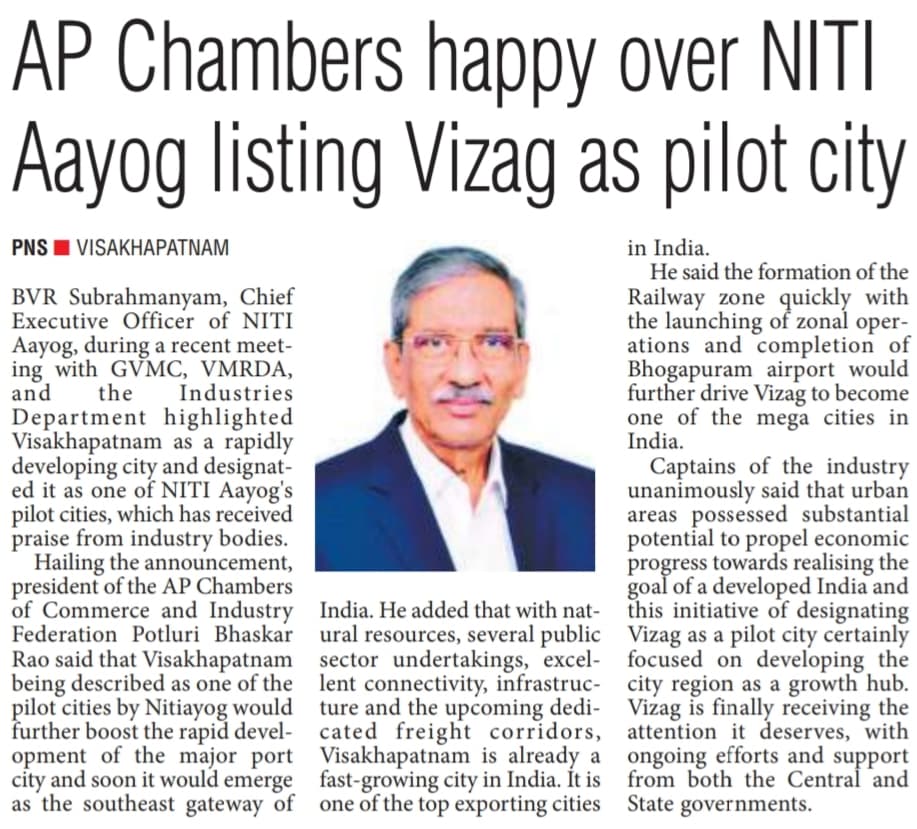 AP Chambers happy over NITI Aayog listing Vizag as pilot city