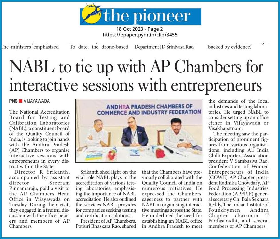 NABL to tie up with AP Chambers for interactive sessions with entrepreneurs.