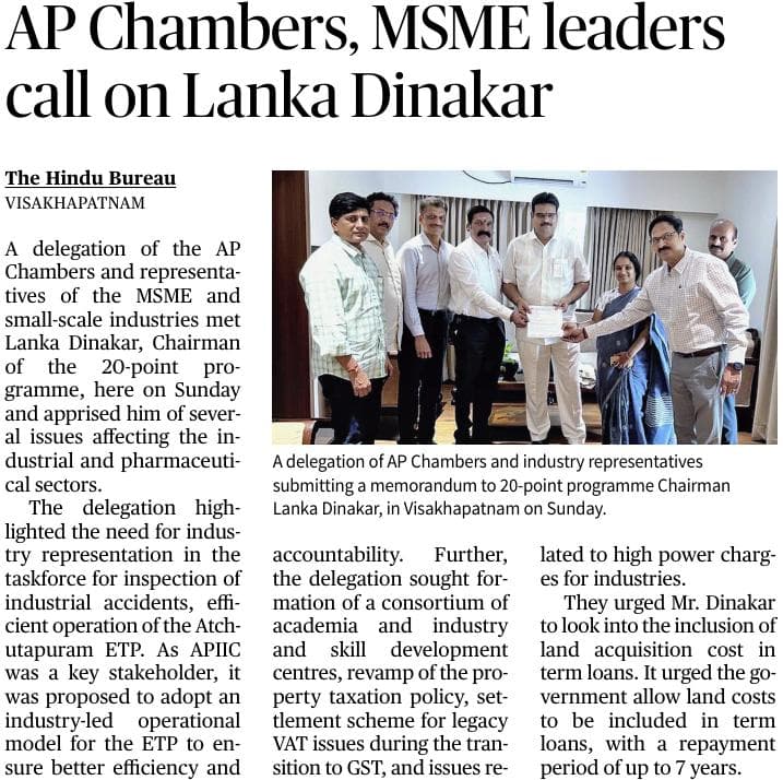 AP Chambers list outs problems of Industrial, Pharma Sectors, to Lanka Dhinakar Seeks Relief.