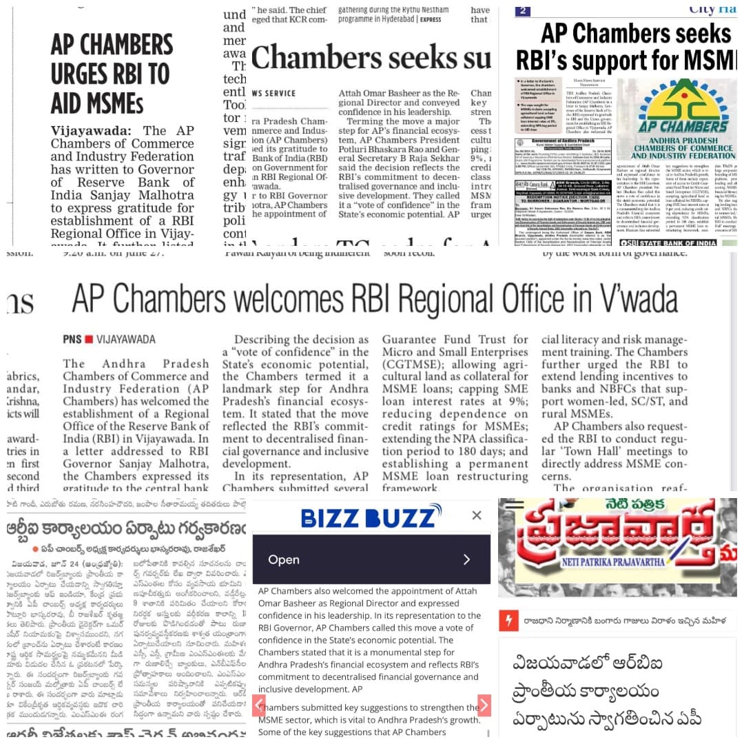 AP Chambers submitted a representation to the Governor of Reserve Bank of India (RBI), welcoming the establishment of the RBI Regional Office in Vijayawada.